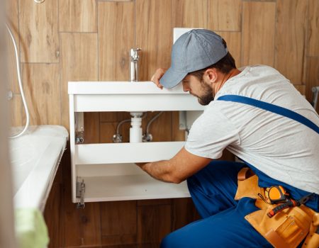 Professional plumber, male worker in uniform installing sink and water pipe in new apartment Professional plumber, male worker in uniform installing sink and water pipe in new apartment. Manual work, repair service, occupation concept